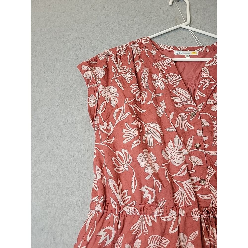 C&C California Cotton Coral Floral Gathered Waist Midi Dress Women's Med Pockets - Picture 4 of 13